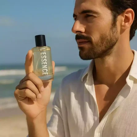 Mężczyzna na plaży trzyma flakon perfum rzemieślniczych L’essence w słonecznym świetle, letni klimat nad morzem, świeżość